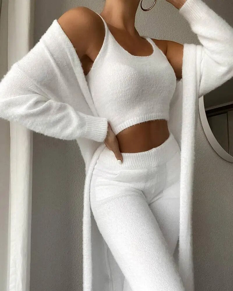 Women Knitted Plush Comfy Outfit Set Lounge Wear Plush Crop Top And Cardigan And Long Trousers Pants 3 Piece Set